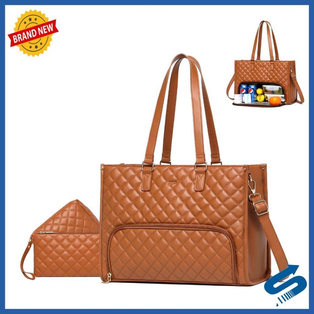 Quilted Laptop Tote Bag with Insulated Lunch Compartment Elegant Work Bag